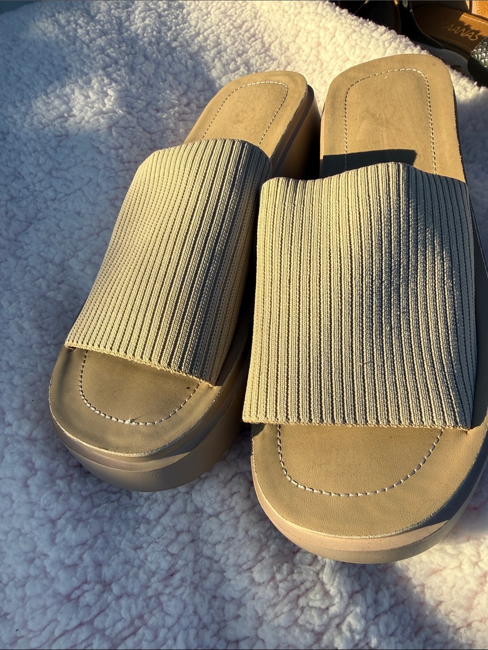 Tan new comfortable slide Ribbed Slide Platform Mules in Beige 8.5